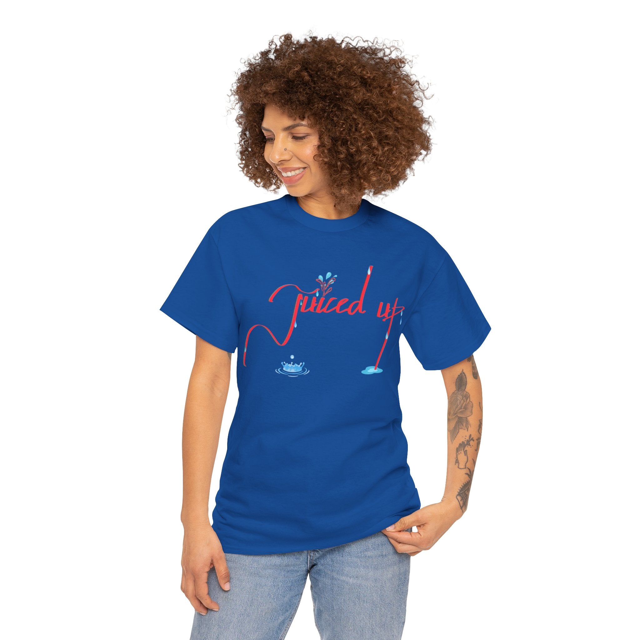 Hand-Written, Funny, Assertive 'Juiced Up' Unisex Tee, Bold Casual Everyday Shirt, Semi-Formal Adult Tshirt, 100% Cotton Eco-Friendly Top, Versatile Tee