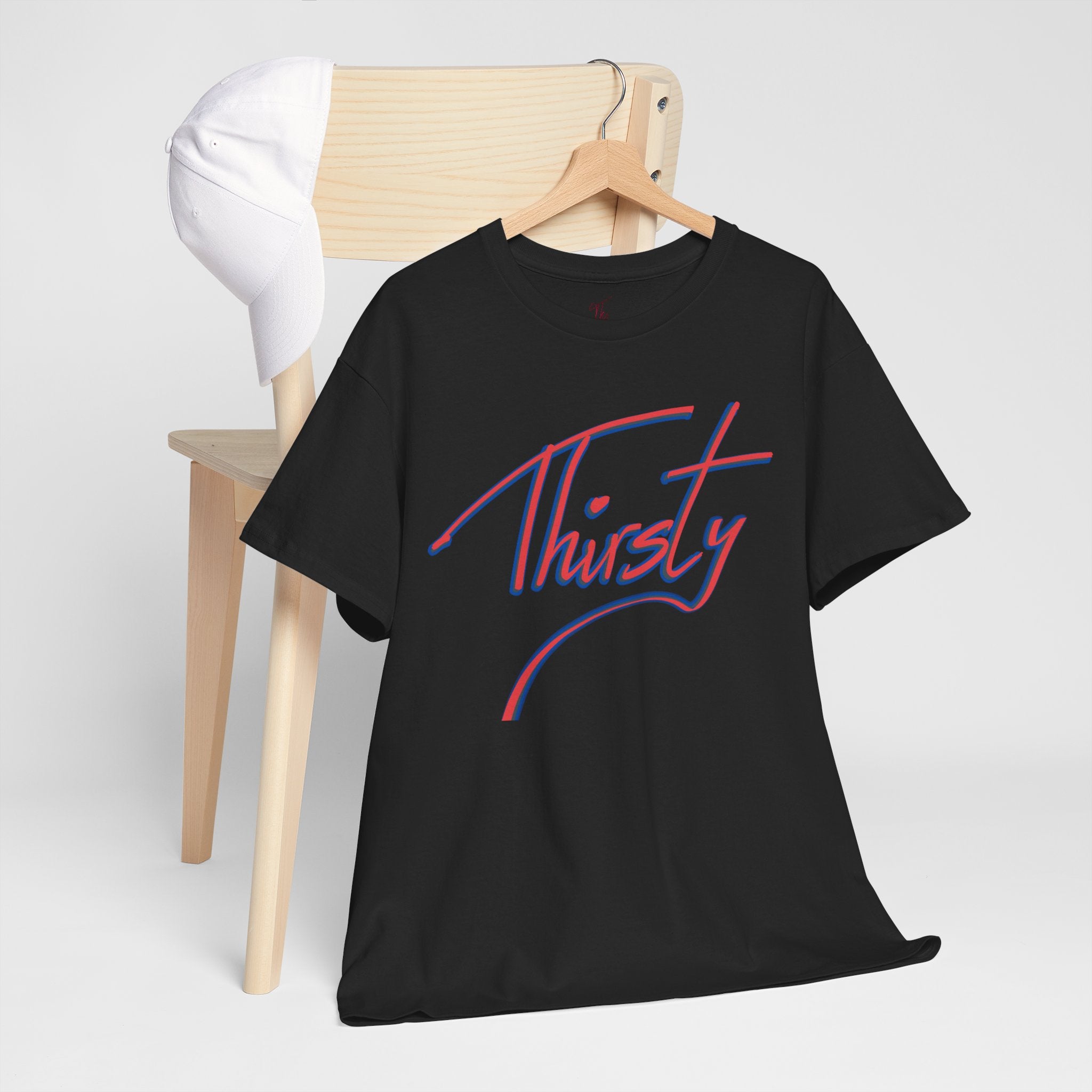 ‘Thirsty’ Hand-Written Bold Funny Assertive Unisex Tee Shirt | Unisex Cotton T-Shirt | Humorous, Semi-Formal Adult, Everyday T-shirt Gift | Simple Graphic 100% Cotton Eco-Friendly Top